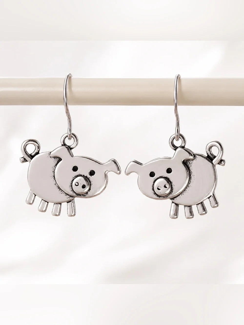 Silver Pig Dangle Earrings - Cute Farm Animal Accessory